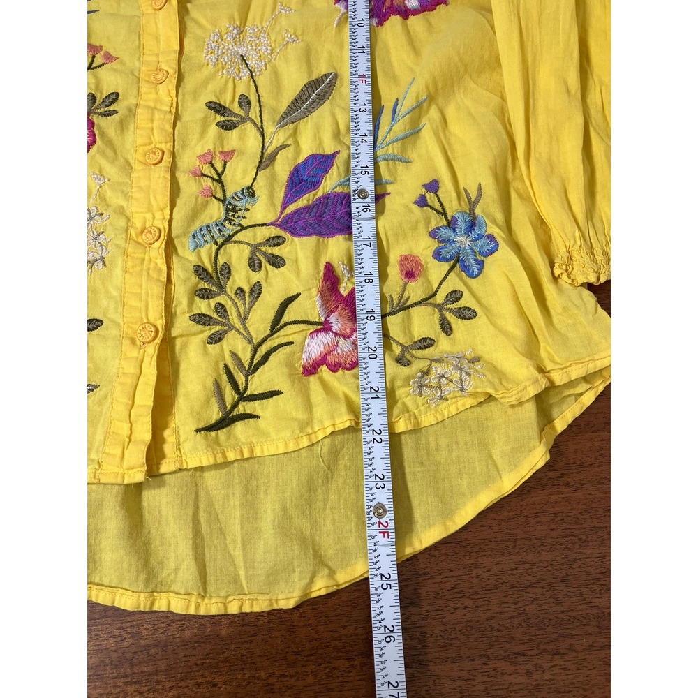 Johnny Was Workshop Yellow Cotton Embroidered Floral Sun Butterfly Shirt Small - Picture 16 of 16